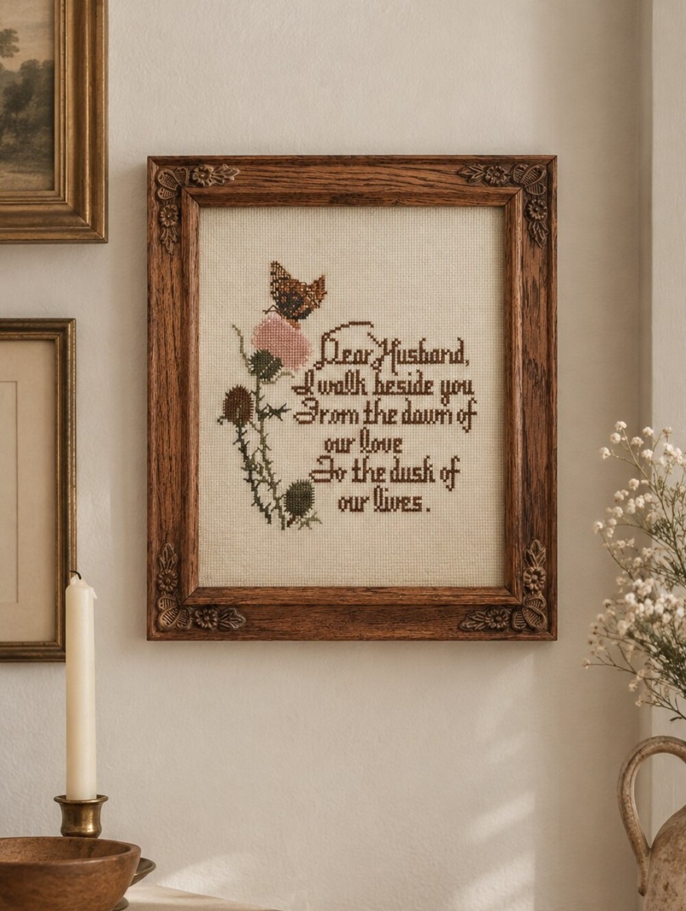 Vtg Framed Handmade Cross Stitch Wedding Love Wall Art 70s Butterfly Earthy Folk
